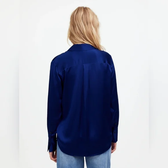 NWT Madewell Silk Flap-Pocket Button-Up Shirt $148 deep cobalt Blue medium - Picture 3 of 11